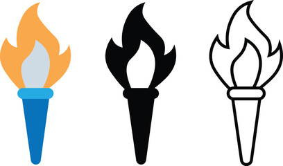 Torch Flame Icon Set &ndash; Fire Torch Symbol Collection (Flat, Solid, Outline)