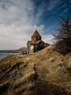 view of Sevanavank monastery on the lake, armenia. High quality photo