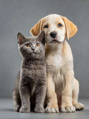 Obraz premium Adorable young gray kitten and golden retriever puppy sitting closely together against a neutral background portraying friendship and cuteness