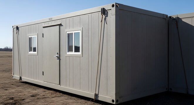 Grey portable office container with rectangular windows and a door for temporary construction site use