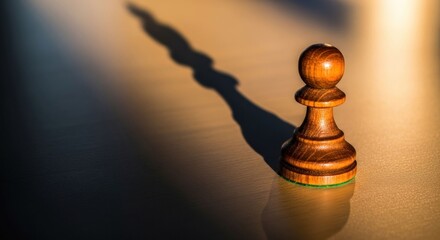 Wooden chess pawn casts long shadow in sunlight on reflective surface