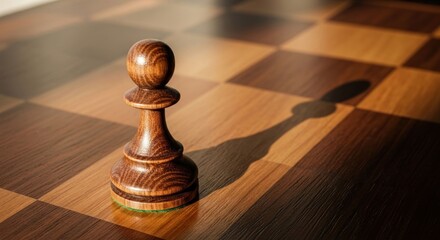Wooden chess pawn casting a shadow on a checkered board