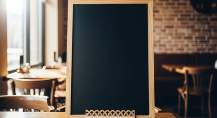 Wooden framed chalkboard menu in cozy interior with tables and windows