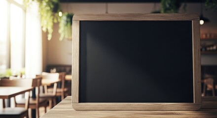 Wooden framed chalkboard on a table, blurred cafe backdrop