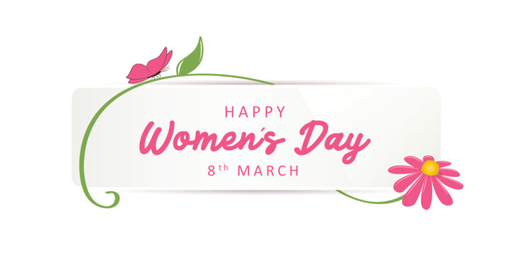 international womans day on 8th march white label with pink butterfly and flower vector illustration