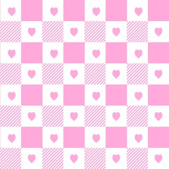 Seamless pink gingham checkered pattern with cute hearts. Aesthetic pastel pink checkerboard background for Valentine's Day, scrapbook, and nursery textile design.