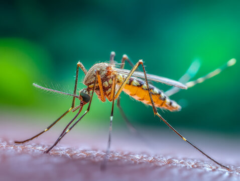 Detailed macro photography of a mosquito resting on human skin with a blurred green and blue gradient background capturing insect features and textures