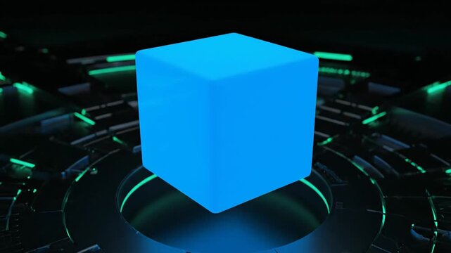 Digital illustration of blue waves transform into a futuristic landscape with green lights