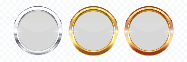 Gold Silver and Bronze Round Button Frames – 3D Glossy Metallic Circle UI UX User Interface Borders Isolated on Transparent Background Vector Illustration