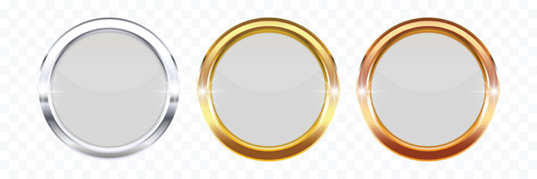 Gold Silver and Bronze Round Button Frames &ndash; 3D Glossy Metallic Circle UI UX User Interface Borders Isolated on Transparent Background Vector Illustration