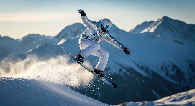 Snowboarder performing an aerial jump over snow-covered mountains. Concept of winter sports, adrenaline activities, and outdoor adventures.