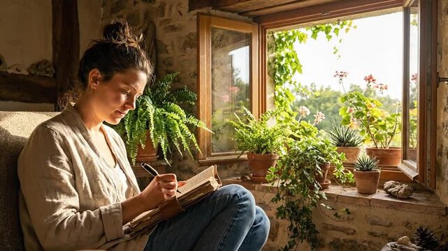 Woman Writing in Journal by Window with Plants