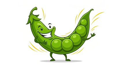 Obraz premium Vibrant Cartoon Vegetable Dance Party Featuring a Joyful Pea Character on a Bright White Background