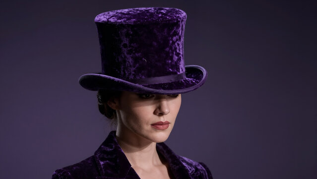 Portrait of a Woman Wearing Purple Velvet Top Hat and Jacket