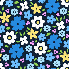 A simple seamless pattern with multicolored flowers on a dark background. Vector graphics.
