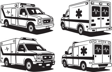 Ambulance vector icons set with emergency vehicle symbols and medical transport designs