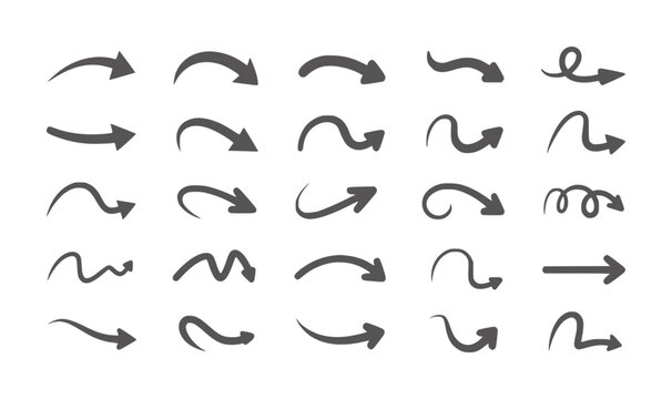 Collection of thirty dark gray curved and squiggly arrows