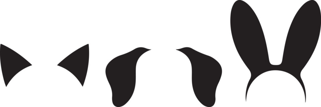 Banny`s ears set, black silhouette vector illustration isolated on white background, elements for easter decoration, cutting or printing