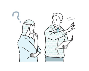 Fototapeta premium 作業服を着たビジネスマンが見積もりをお客に説明するイラストー営業ー契約ー困った女性ー疑問を持つ女