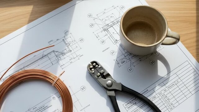 Overhead view of copper wire, tools, and a coffee mug on engineering blueprints, showing process of planning electrical repair work.