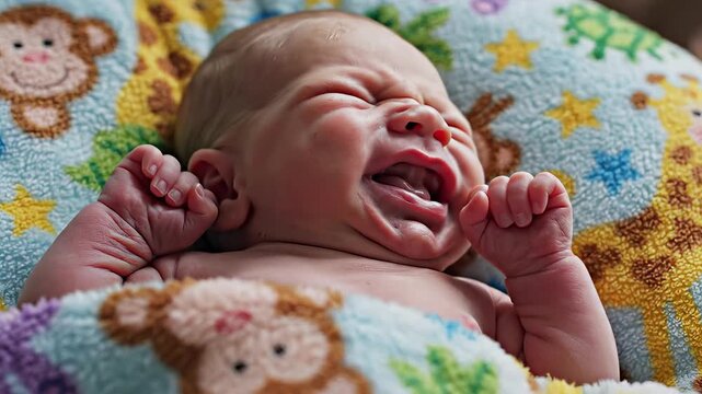 Newborn baby crying on colorful blanket