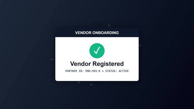Conceptual illustration of a successful vendor registration, highlighting the completion of an important business onboarding step with a clear digital confirmation
