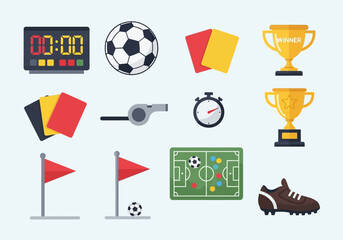 Clean modern flat vector soccer icon set, colorful sports equipment icons in simple geometric style © Cumi Studio
