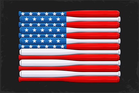 Patriotic USA flag design formed by stacked red, white, and blue baseball bats, American baseball heritage, 4th of July spirit, national pride.