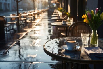 Rainy cafe terrace table with coffee cup and tulips at sunset