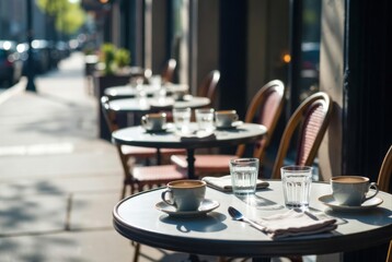 Empty sidewalk cafe tables with espresso cups in morning sun