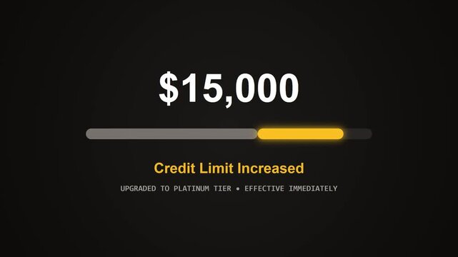 Digital Display Illustrating a Credit Limit Increase to Fifteen Thousand Dollars, Signifying a Financial Upgrade and Immediate Platinum Tier Status Achievement for Enhanced Purchasing Power
