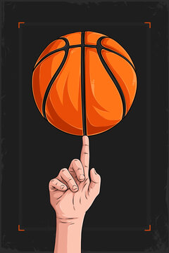 Dynamic illustration of a hand spinning a basketball on one finger, for March Madness event excitement and competitive college hoops energy