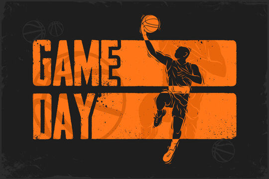 Bold Game Day poster with shooting basketball player silhouette, for March Madness event thrill, college hoops hype, tournament spirit.