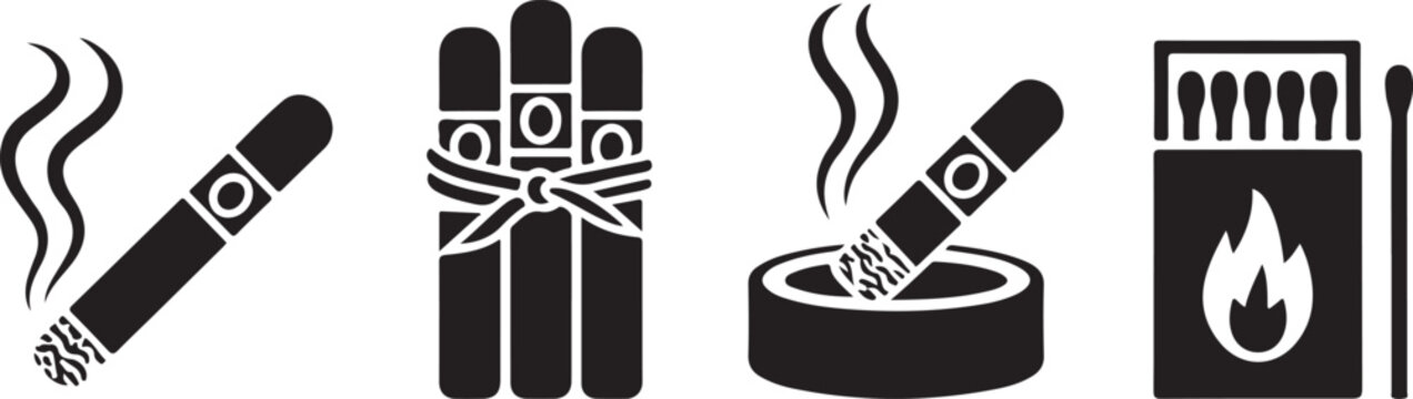 Cigar vector icons set, tobacco, smoke, ashtray, matchbox illustrations