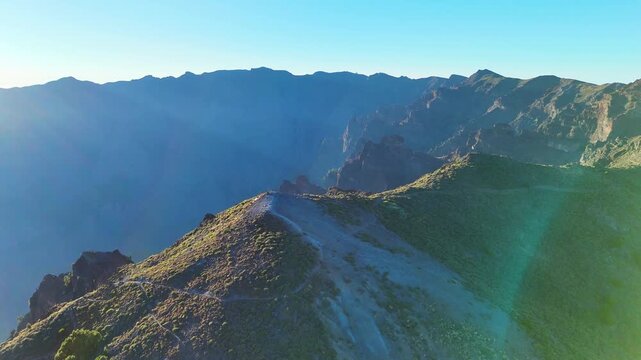 Aerial drone footage revealing volcanic caldera ridge at Roque de los Muchachos, La Palma