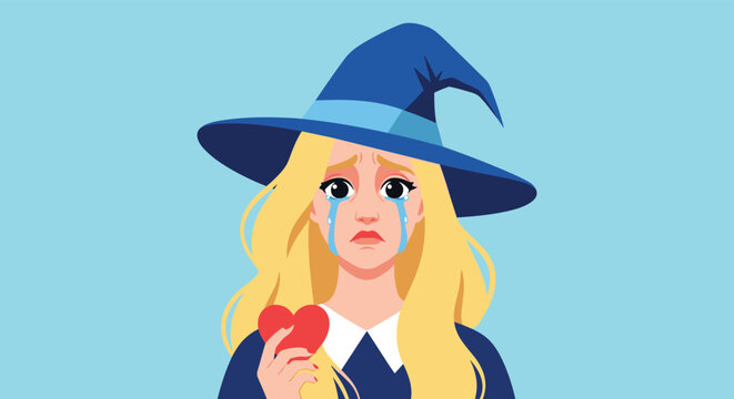 Emotional witch character with long blonde hair and a blue hat crying while holding a small red heart in her hand.