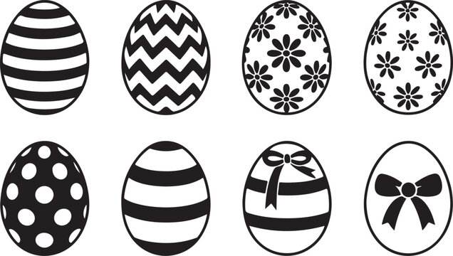 Collection of eight decorative easter egg silhouettes with various patterns isolated on transparent background