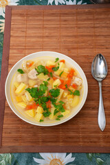 Vegetables and Meat Soup with Pork, Potato, Carrot, Celery; Turnip and Parsley.