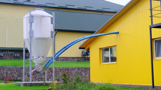 Yellow farm building stands near feed silo and blue pipework on yard. Feed system transfers grain through tubes dropping ration into hopper
