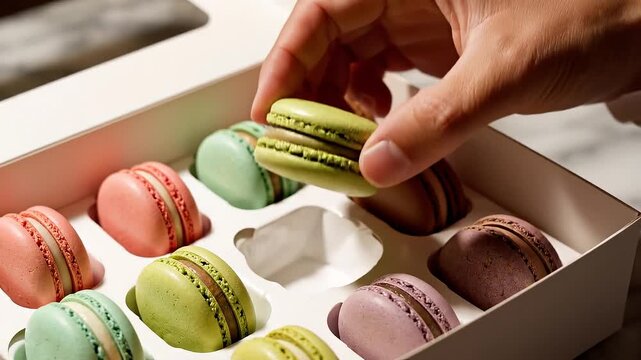 Taking French Macarons from Gift Box Close Up