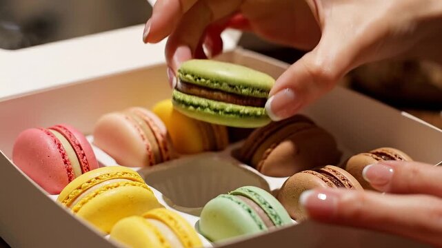Taking French Macarons from Gift Box Close Up