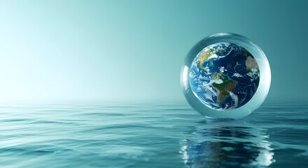 The earth encased in a large iceberg or frozen globe in ocean water