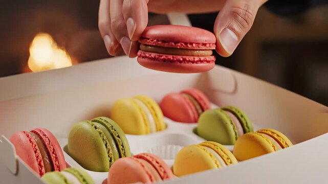Taking French Macarons from Gift Box Close Up