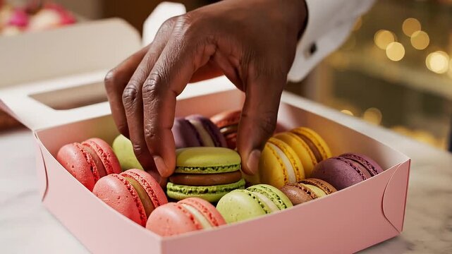 Taking French Macarons from Gift Box Close Up