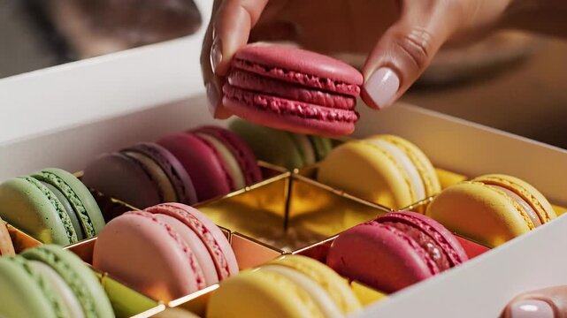 Taking French Macarons from Gift Box Close Up