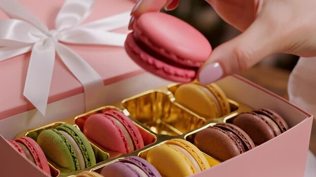 Taking French Macarons from Gift Box Close Up