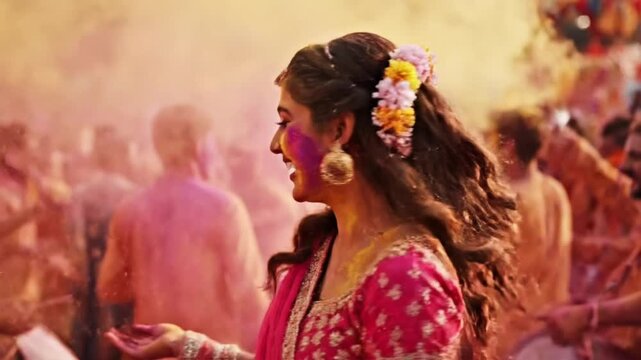 Holi Rang Panchami Portrait of Indian woman enjoying in color powder in air surrounding environment, happy, dancing, bride Festival of colors, festive photography candid portrait