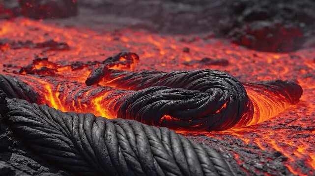 Close-up of cooling basaltic lava forming rope-like orange glowing patterns.