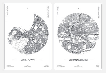 Urban street plan city map Cape Town and Johannesburg, Travel poster vector illustration