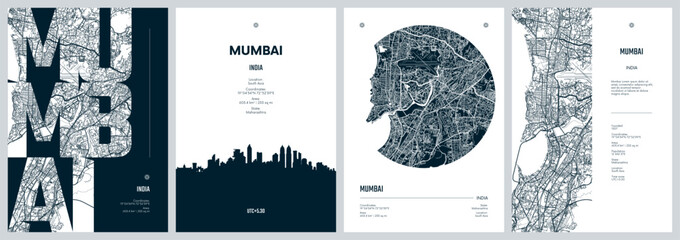 Silhouette city skyline Mumbai, Detailed plan city map, streets, roads, and other urban features, Vector set of travel posters